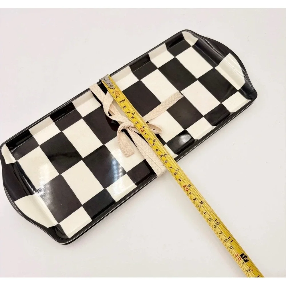 Black and White Checkered Melamine Serving Tray Scalloped Rectangular Platter